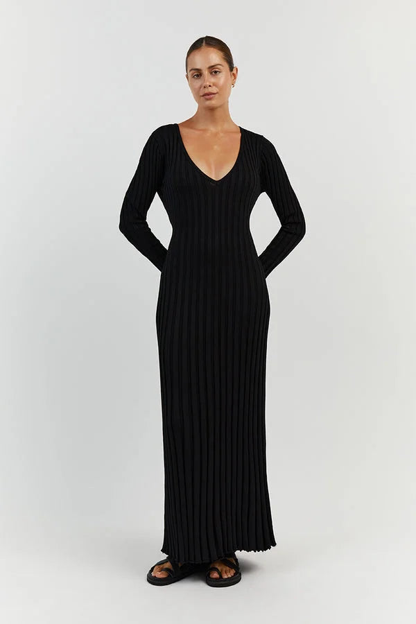 V-Neck Sleeved Knit Midi Dress Black, Purity Atelie