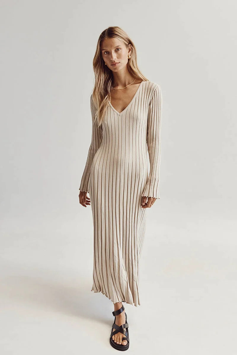 V-Neck Sleeved Knit Midi Dress Beige, Purity Atelie