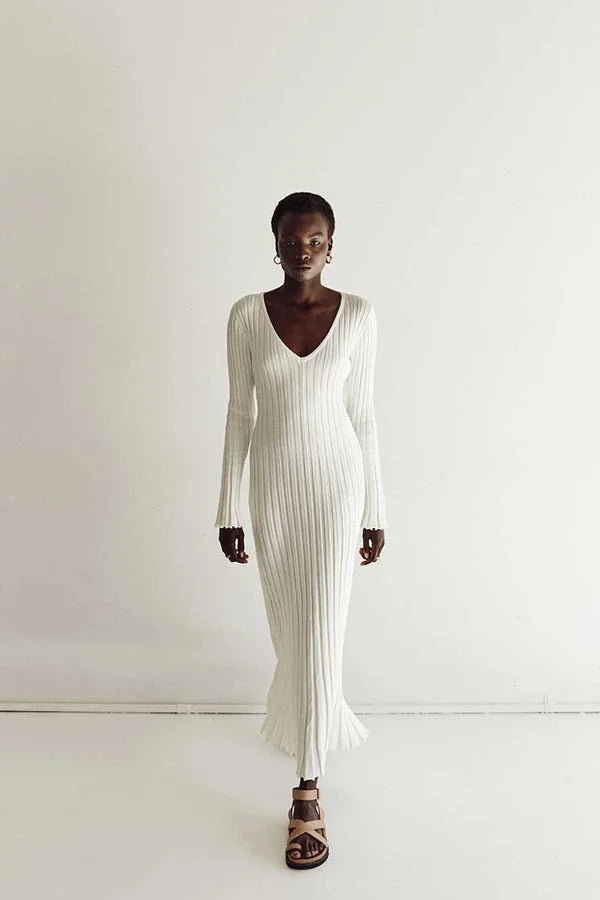 V-Neck Sleeved Knit Midi Dress White, Purity Atelie