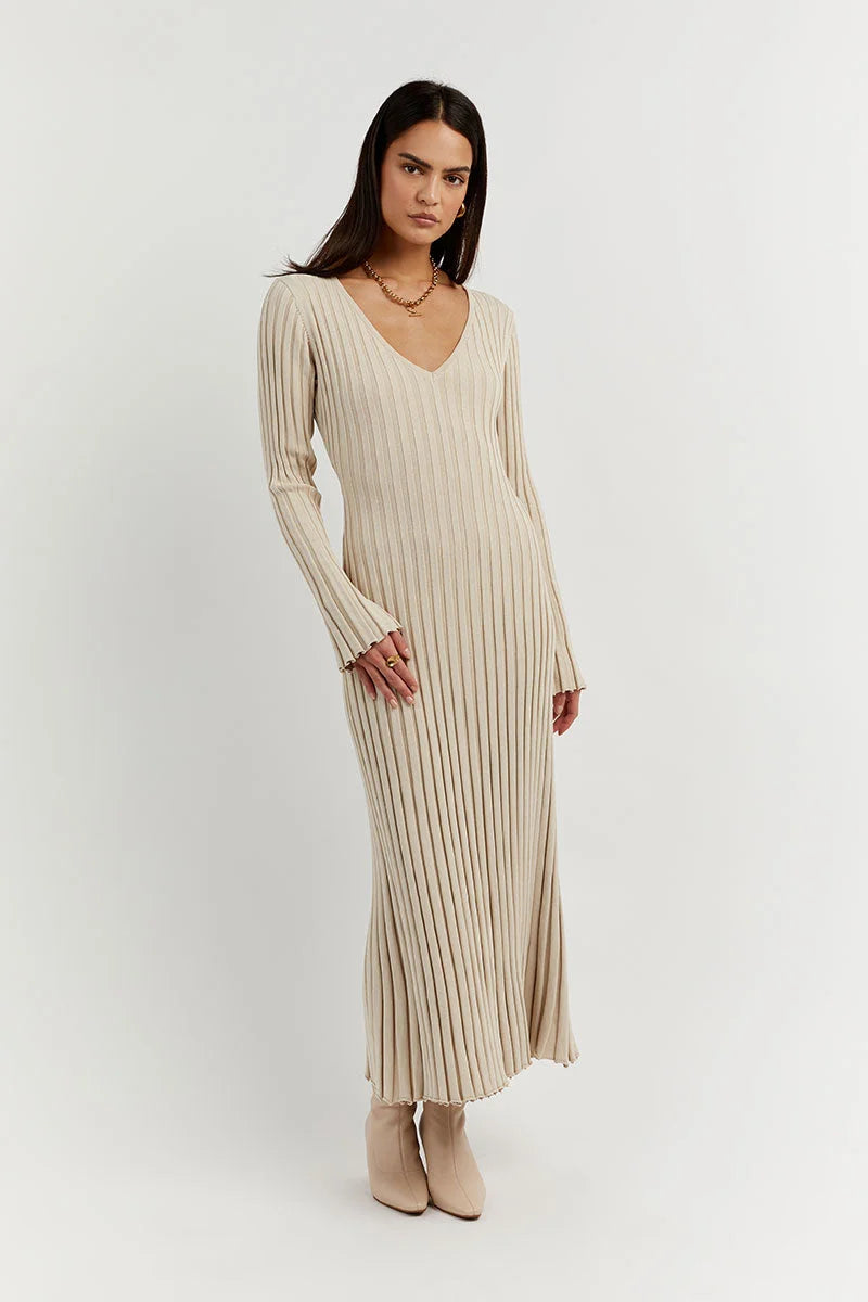 V-Neck Sleeved Knit Midi Dress, Purity Atelie