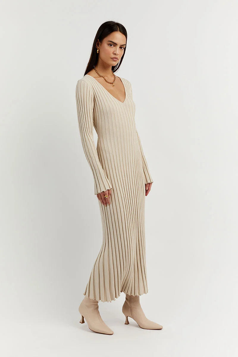 V-Neck Sleeved Knit Midi Dress, Purity Atelie