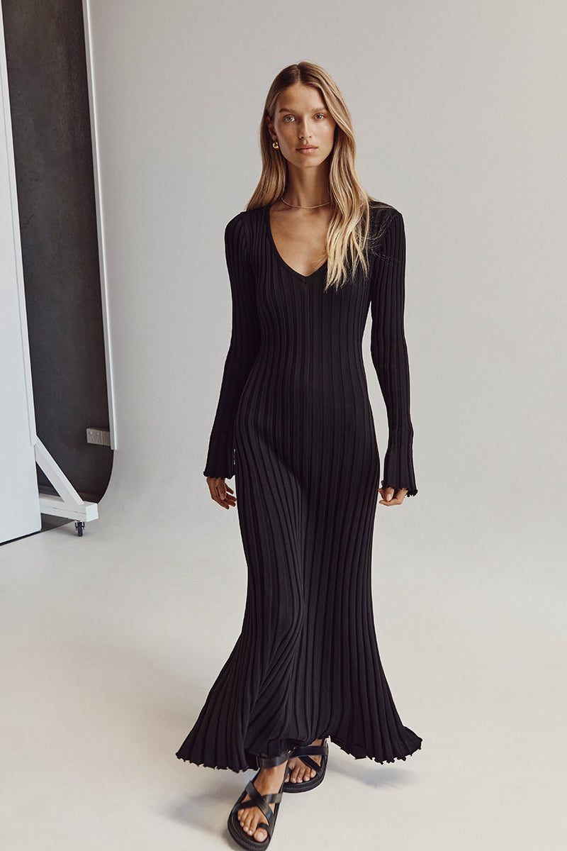 V-Neck Sleeved Knit Midi Dress Black, Purity Atelie